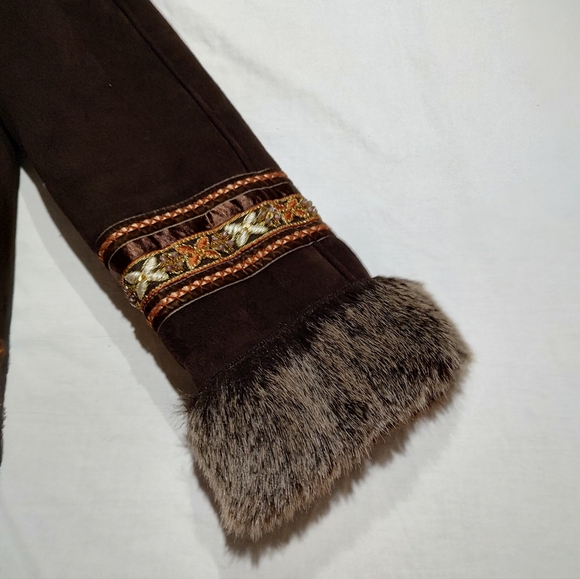 Coldwater Creek Brown Embroidered Boho Faux Suede Fur Lined Jacket Small - Picture 5 of 10